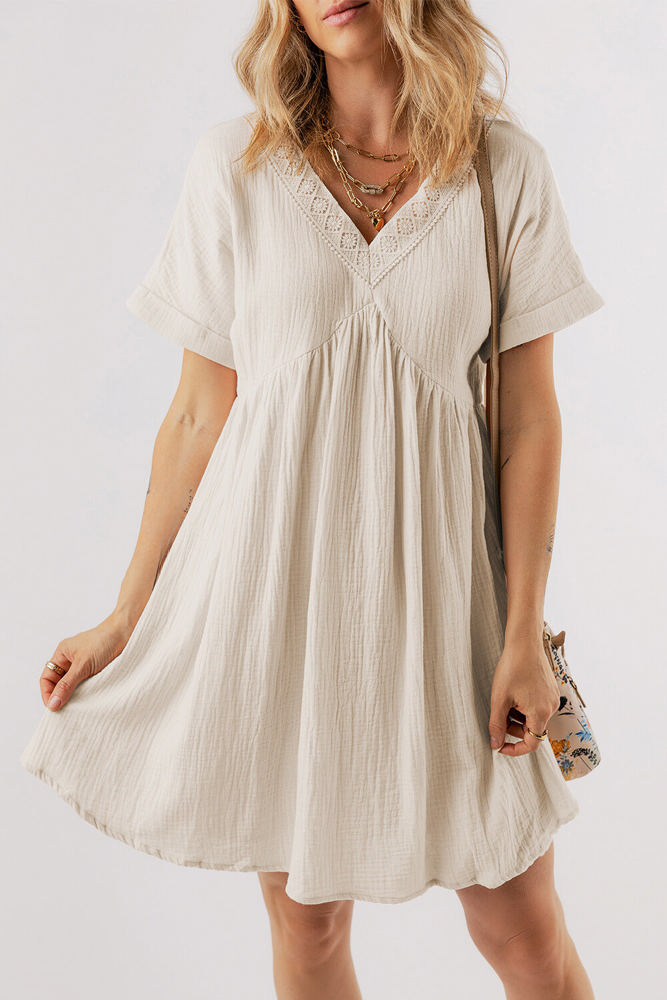 Bria Folded Short Sleeve Lace V Neck Mini Dress