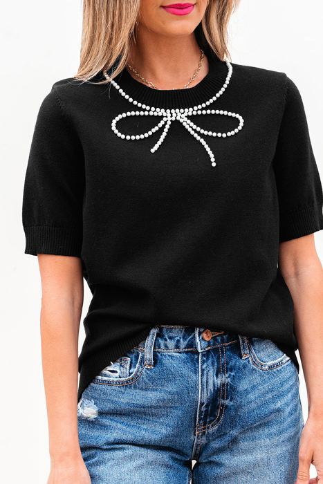 Bria Pearl Bow Short Sleeve Knitted Top