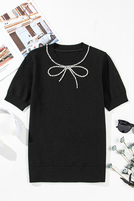 Bria Pearl Bow Short Sleeve Knitted Top