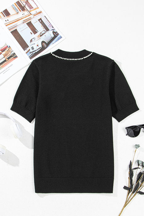 Bria Pearl Bow Short Sleeve Knitted Top