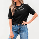 Black Medium Bria Pearl Bow Short Sleeve Knitted Top