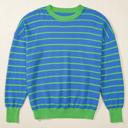 Sky Blue Stripe Large Briar Stripe Trimmed Round Neck Loose Sweater