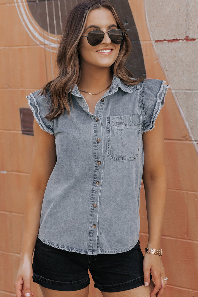 Bridget Frayed Ruffle Sleeve Denim Shirt