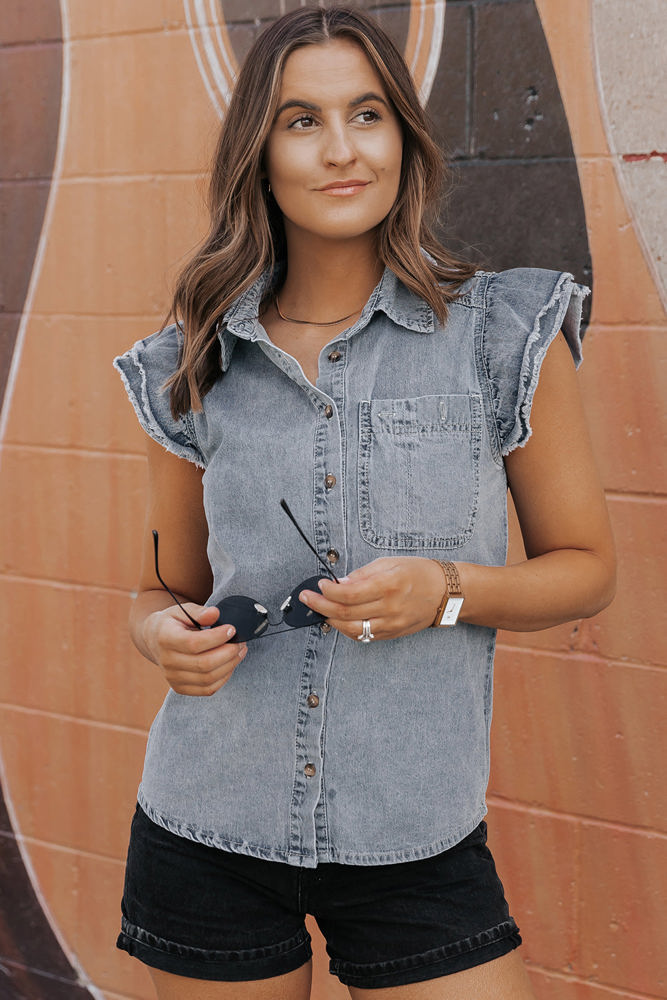 Bridget Frayed Ruffle Sleeve Denim Shirt