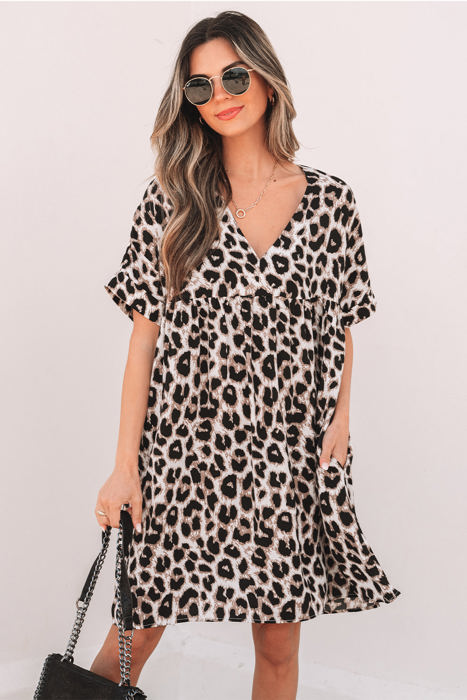 Brinley Cheetah Backless V Neck Loose Fit Mini Dress