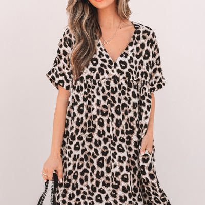 Brinley Cheetah Backless V Neck Loose Fit Mini Dress