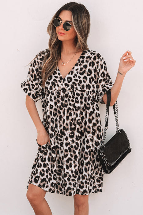 Brinley Cheetah Backless V Neck Loose Fit Mini Dress