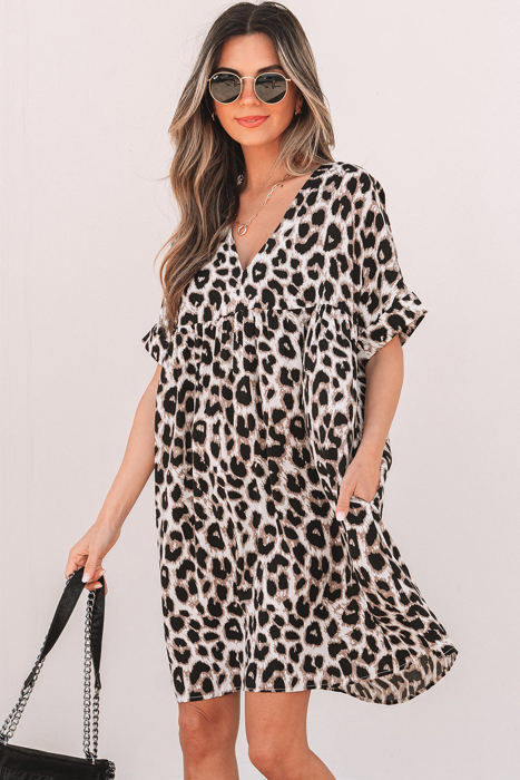 Brinley Cheetah Backless V Neck Loose Fit Mini Dress