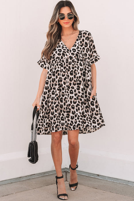 Brinley Cheetah Backless V Neck Loose Fit Mini Dress