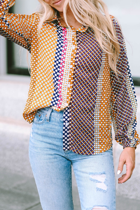 Brown Dot Print Long Sleeve Button Down Shift PLUS Shirt