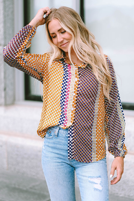 Brown Dot Print Long Sleeve Button Down Shift PLUS Shirt