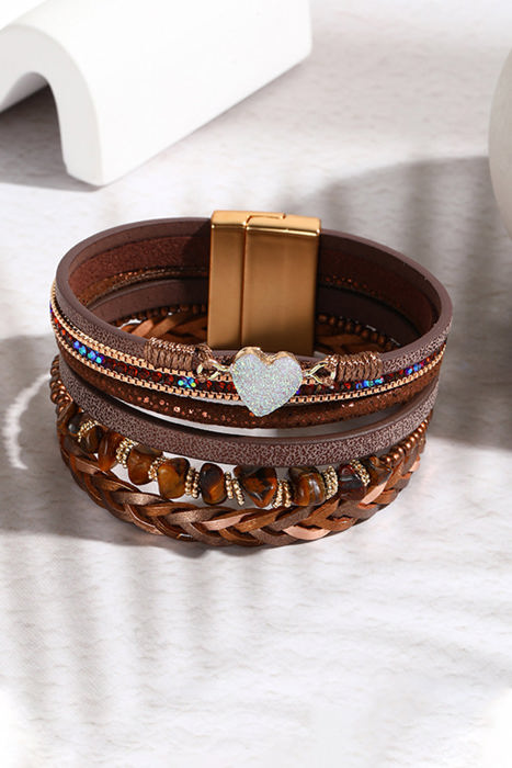 Brown Glittering Heart Accent Multi-layer Vintage Bracelet