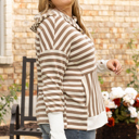  Brown Stripe Quarter Buttons Drop Sleeve Plus Size Hoodie