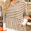  Brown Stripe Quarter Buttons Drop Sleeve Plus Size Hoodie