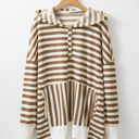  Brown Stripe Quarter Buttons Drop Sleeve Plus Size Hoodie