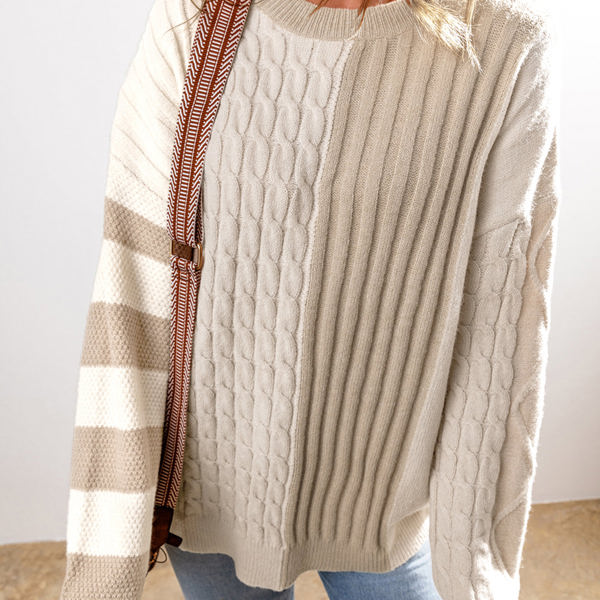 Cable Knit Color Block Crew Neck Sweater