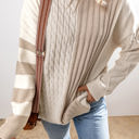  Cable Knit Color Block Crew Neck Sweater
