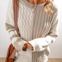  Cable Knit Color Block Crew Neck Sweater
