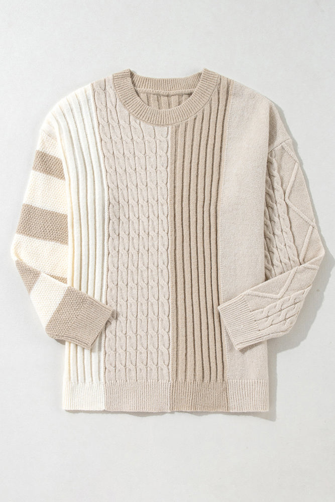 Cable Knit Color Block Crew Neck Sweater