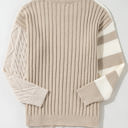  Cable Knit Color Block Crew Neck Sweater