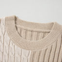  Cable Knit Color Block Crew Neck Sweater