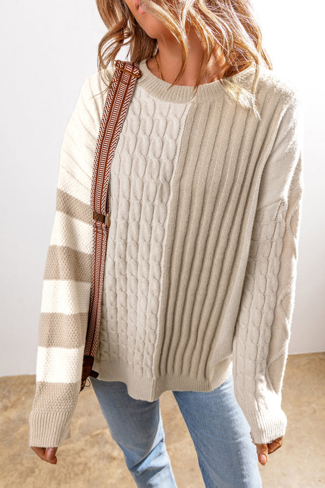 Cable Knit Color Block Crew Neck Sweater