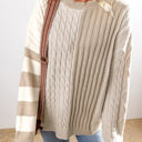 Khaki XL Cable Knit Color Block Crew Neck Sweater