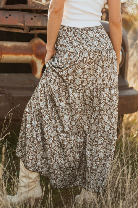 Cadence Western Floral Print Ruffled Hem Maxi Skirt