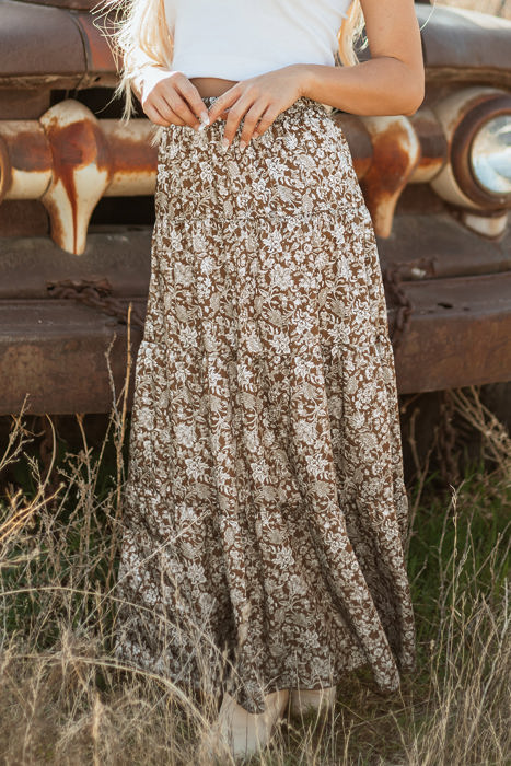 Cadence Western Floral Print Ruffled Hem Maxi Skirt