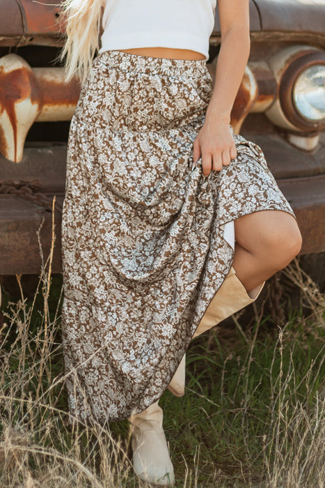 Cadence Western Floral Print Ruffled Hem Maxi Skirt