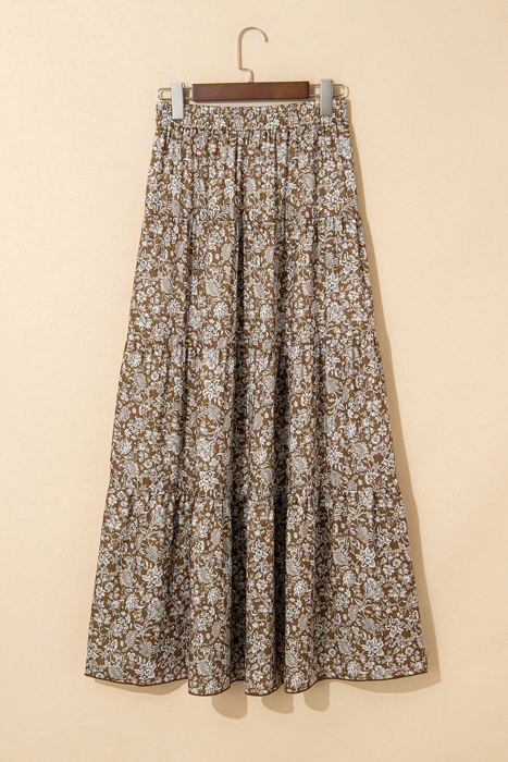 Cadence Western Floral Print Ruffled Hem Maxi Skirt