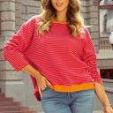  Camila Striped Side Buttons Drop Shoulder Top