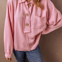 Pink Large Camille Ribbed Knit Collared Henley Top