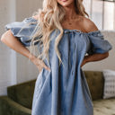  Camryn Bubble Sleeve Square Neck Denim Babydoll Dress