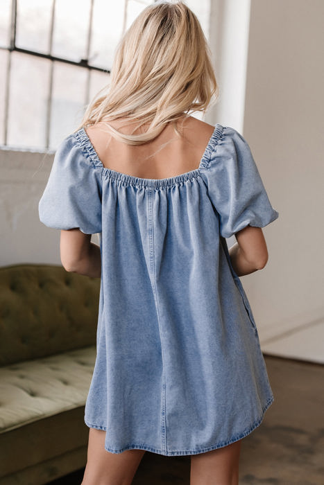 Camryn Bubble Sleeve Square Neck Denim Babydoll Dress