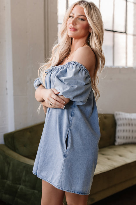 Camryn Bubble Sleeve Square Neck Denim Babydoll Dress