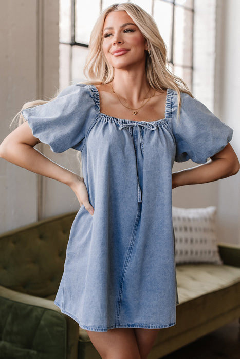 Camryn Bubble Sleeve Square Neck Denim Babydoll Dress