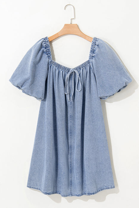 Camryn Bubble Sleeve Square Neck Denim Babydoll Dress