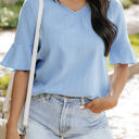 Blue Small Capri Ruffled Half Sleeve V Neck Textured Top