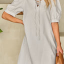  Carly Lace-up V Neck Bubble Sleeve Short Shift Dress