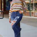  Caroline Striped Hollowed Knitted Loose Sweater