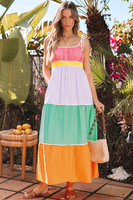 Cassandra Colorblock Self-tie High Waist Maxi Dress