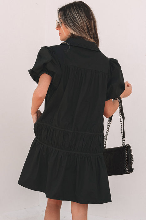 Cassidy Button Down Puff Sleeve Ruffle Hem Dress