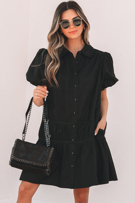 Cassidy Button Down Puff Sleeve Ruffle Hem Dress