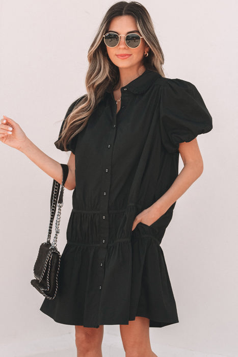 Cassidy Button Down Puff Sleeve Ruffle Hem Dress