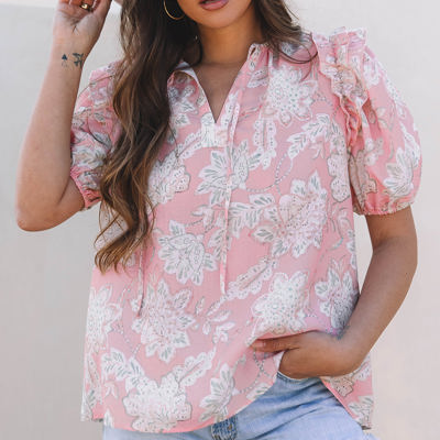 Cattleya Floral Drawstring V Neck Puff Sleeve Loose Blouse