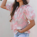  Cattleya Floral Drawstring V Neck Puff Sleeve Loose Blouse
