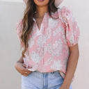  Cattleya Floral Drawstring V Neck Puff Sleeve Loose Blouse
