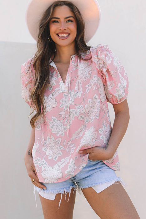Cattleya Floral Drawstring V Neck Puff Sleeve Loose Blouse