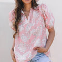  Cattleya Floral Drawstring V Neck Puff Sleeve Loose Blouse